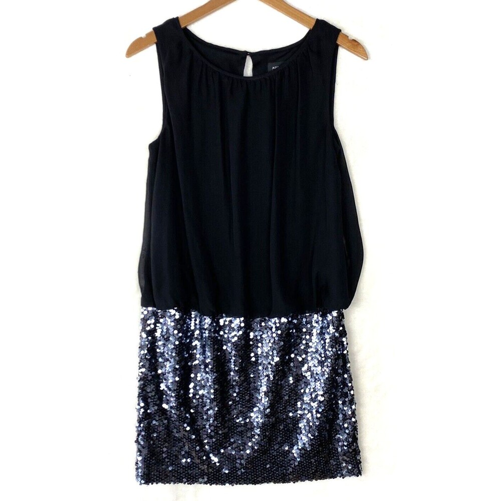 Adrianna Papell Dress Womens 6 Blouson Sequin Cocktail Black Sliver Social Party